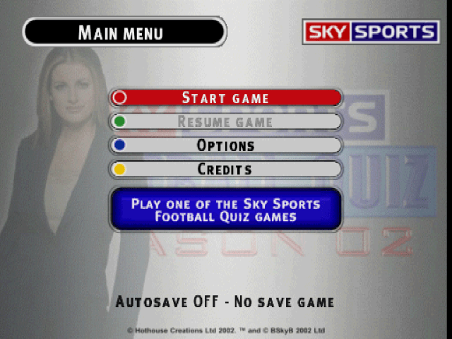 Sky Sports Football Quiz title screen for Playstation